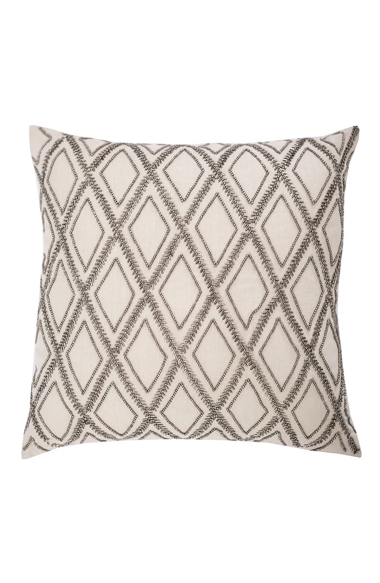 ELISABETH YORK Geometric Diamond Natural Tan Beaded Cotton Decor Throw Pillow, 18" x 18" Cover And Insert Set, Main, color, Grey