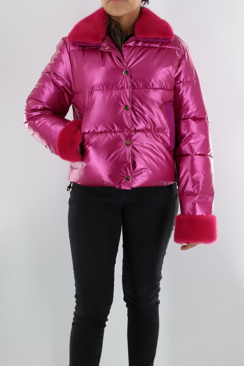 Metallic Puffer Jacket with Faux Fur Collar, Main, color, Fuchsia