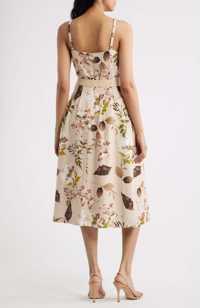Tahari ASL Floral Print Sleeveless Belted Midi Dress, Alternate, color, Sand Agave