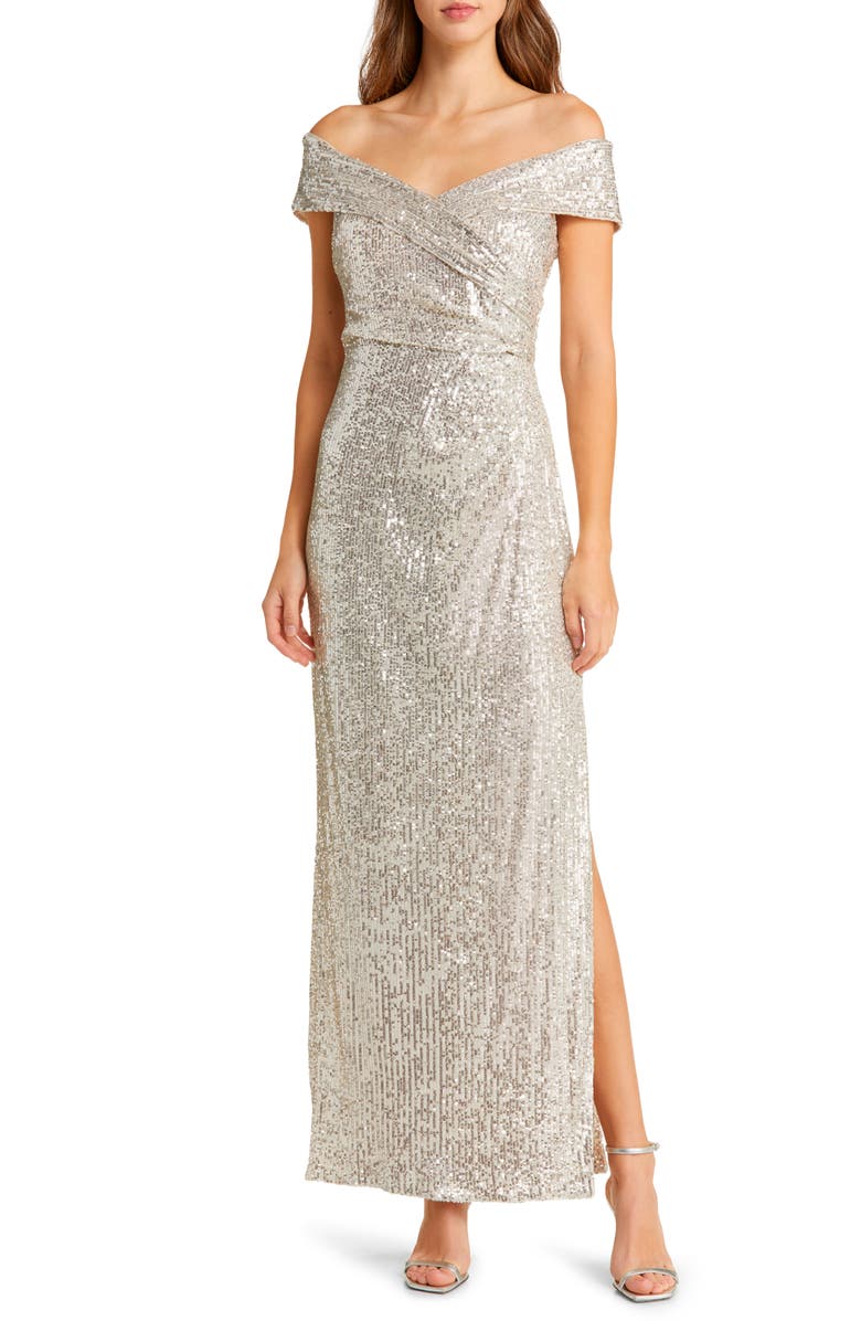 Vince Camuto Sequin Off the Shoulder Gown, Main, color,
