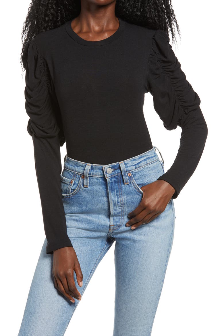 Ruched Long Sleeve Top, Main, color, BLACK