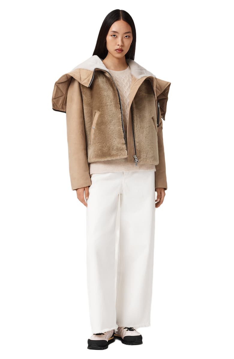 AllSaints Dexter Genuine Shearling Bomber Jacket, Alternate, color, Taupe Brown