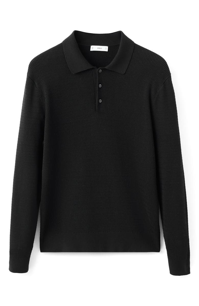 MANGO Texture Long Sleeve Polo, Alternate, color, Black