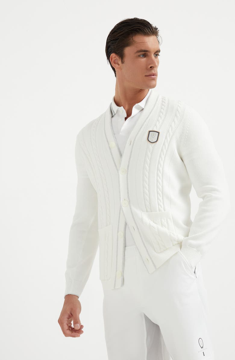 Brunello Cucinelli Cotton cable knit cardigan with tennis badge, Alternate, color, 