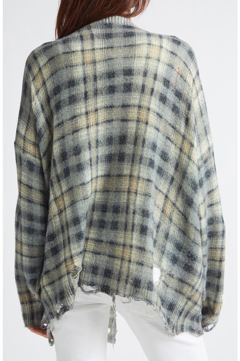 Oversize Distressed Plaid Wool & Cashmere V-Neck Cardigan, Alternate, color, GREY BLACK PLAID
