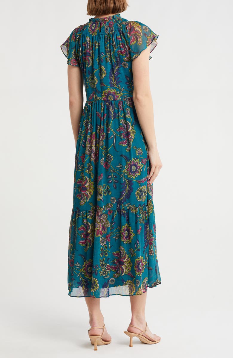 The Good Journey Smocked Flutter Sleeve Midi Dress, Alternate, color, Teal/ Fuchsia