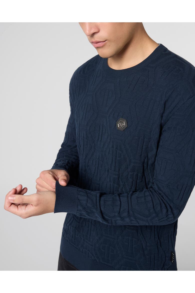 Jacquard Round Neck Pullover Monogram Men, Alternate, color, navy