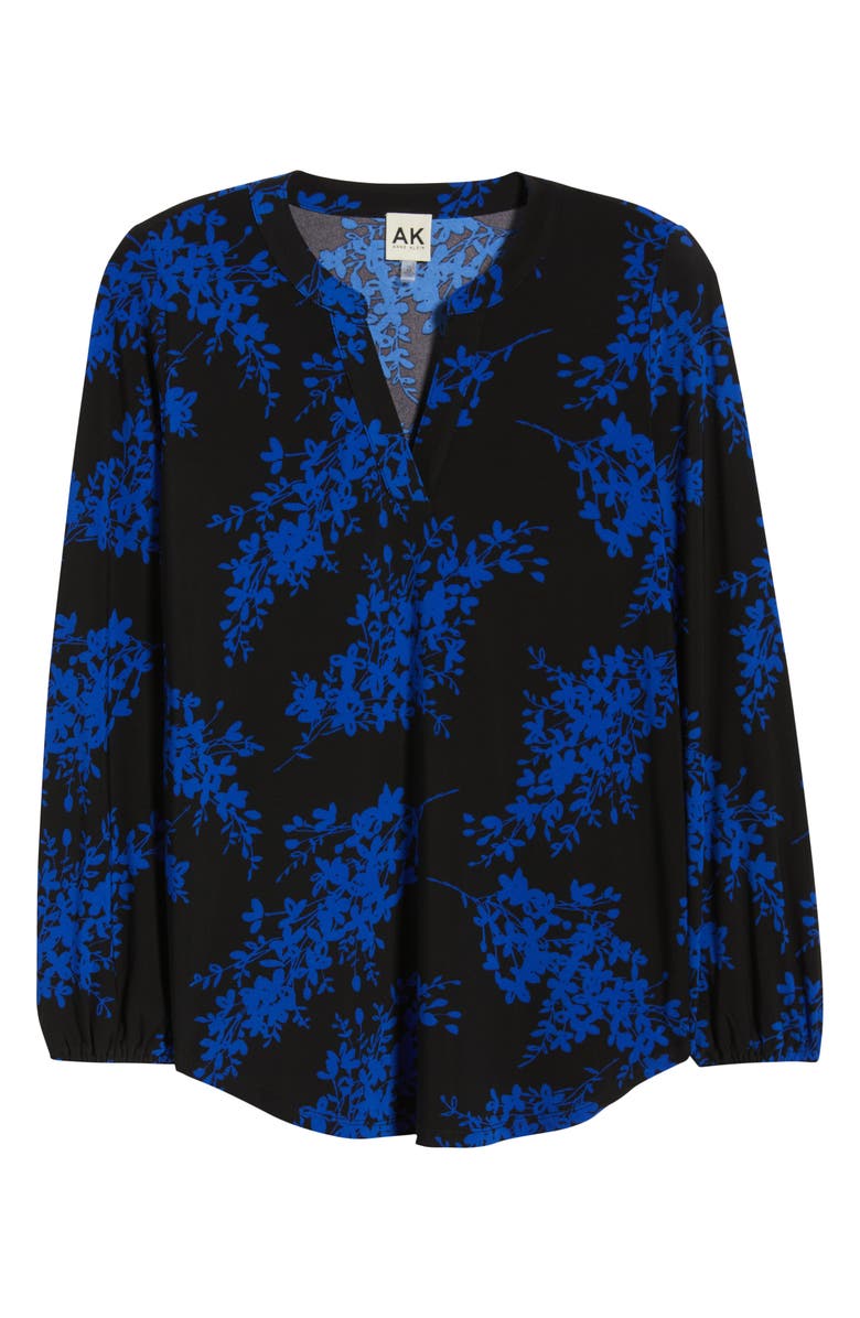AK ANNE KLEIN Floral Print Split Neck Top, Alternate, color, Anne Black/ Empire Blue