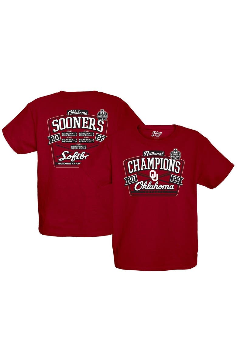 BLUE 84 Youth Blue 84  Crimson Oklahoma Sooners 2023 NCAA Softball Women's College World Series Champions Schedule T-Shirt, Main, color, 