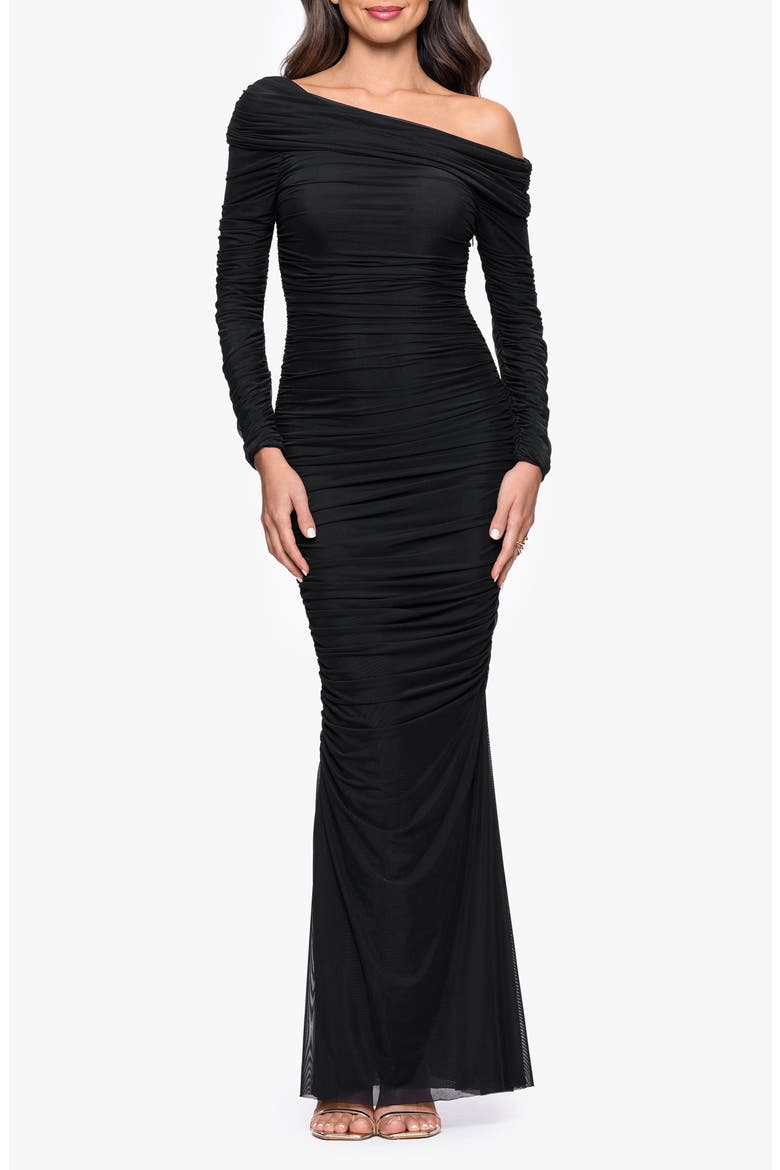 Ruched One-Shoulder Long Sleeve Mesh Gown, Alternate, color, BLACK