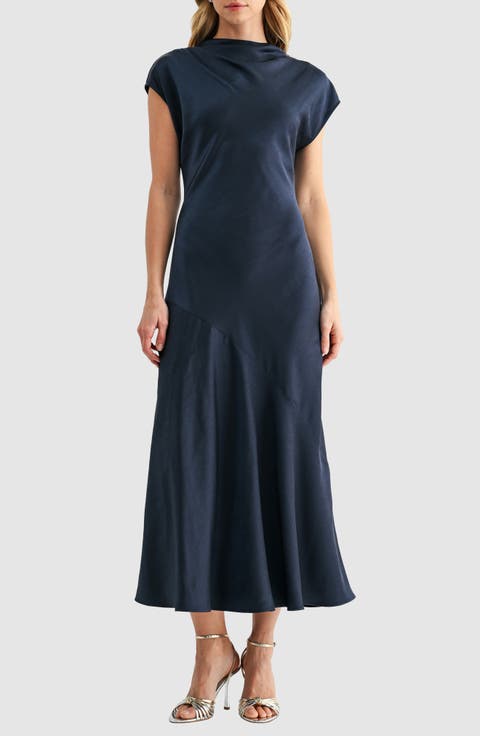 Short Sleeve Asymmetric Hem Satin Maxi Dress