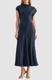 Mila Mae Short Sleeve Asymmetric Hem Satin Maxi Dress