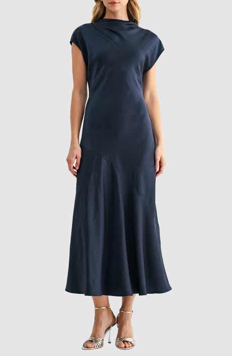 Mila Mae Short Sleeve Asymmetric Hem Satin Maxi Dress
