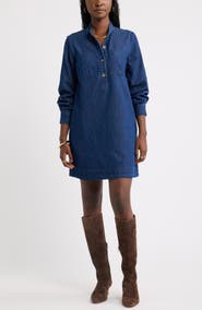 Caslon® Long Sleeve Chambray Button Front Dress