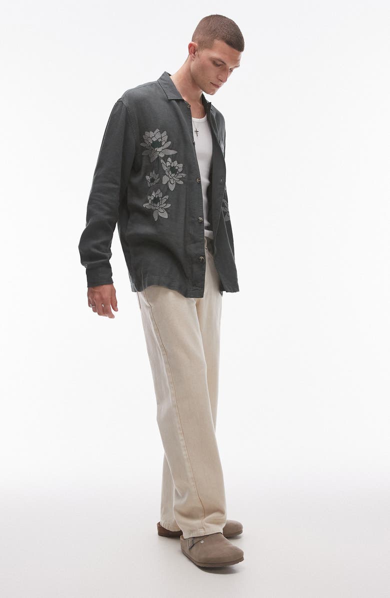 Topman Floral Embroidered Linen Blend Button-Up Shirt, Alternate, color,