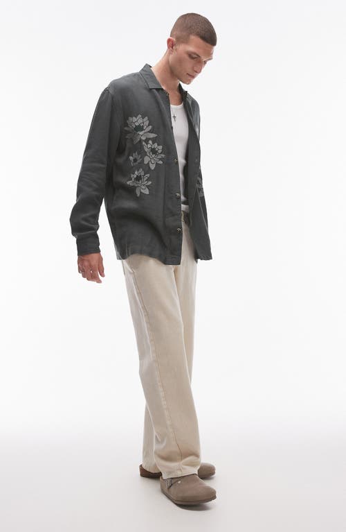 Shop Topman Floral Embroidered Linen Blend Button-up Shirt In Medium Green