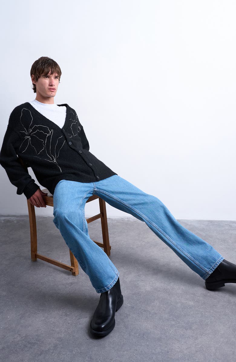 Topman Floral Embroidered V-Neck Cardigan, Alternate, color, Black