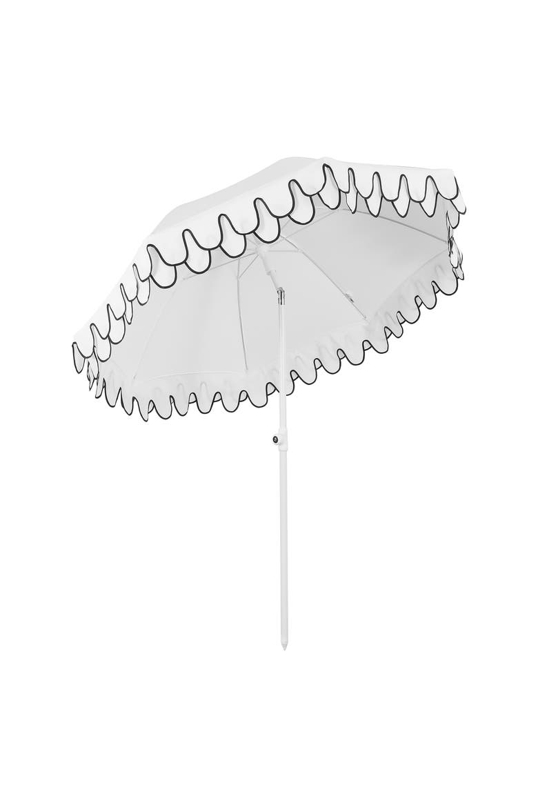 Horizon Coastal Scalloped Edge Beach Umbrella with Fringe, Push-Button Tilt, UV 50 Outdoor Canopy and Portable Carry Bag, Alternate, color, White - White Pole