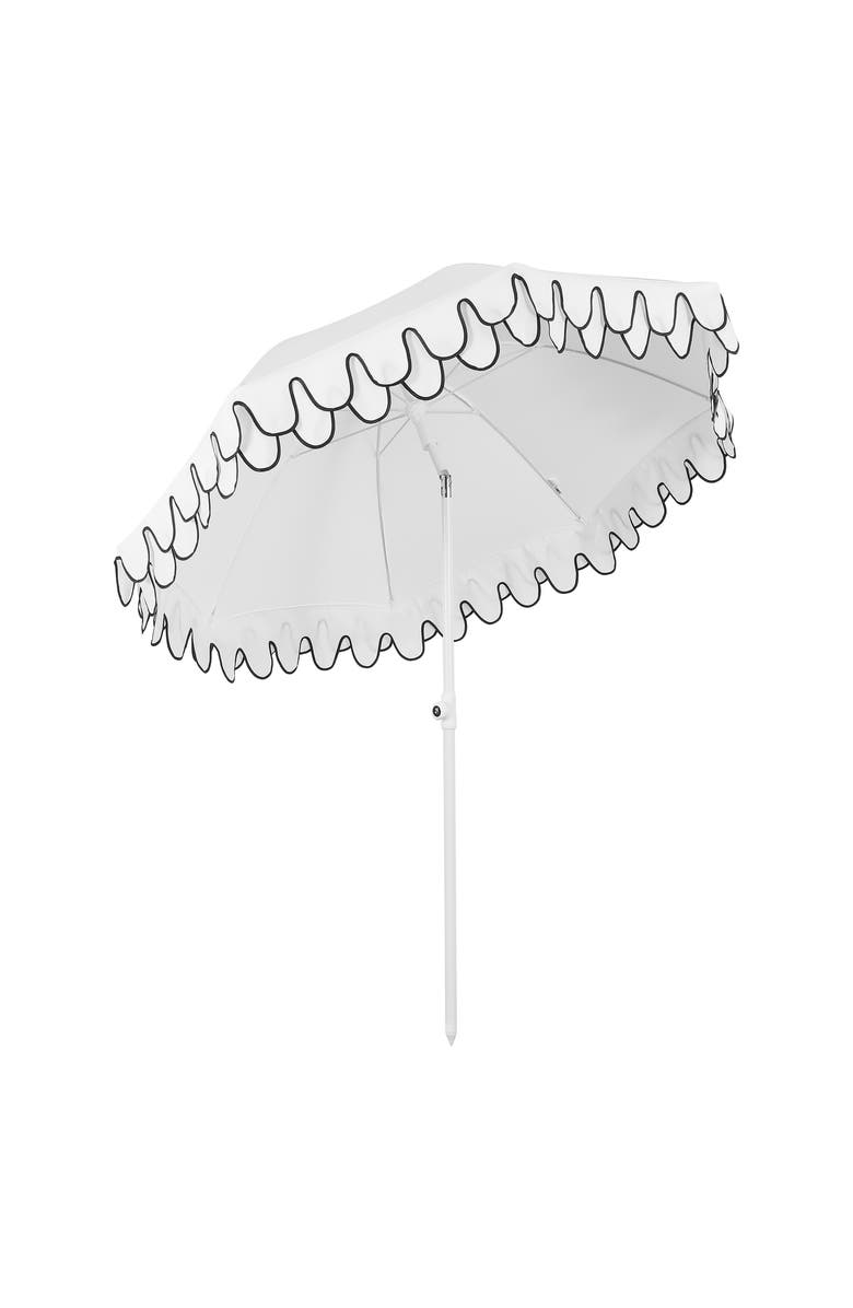 JONATHAN Y Horizon 6.5 ft. Classic MidCentury Scalloped Fringe Market Beach Umbrella with Push-Button Tilt, Alternate, color, White - White Pole