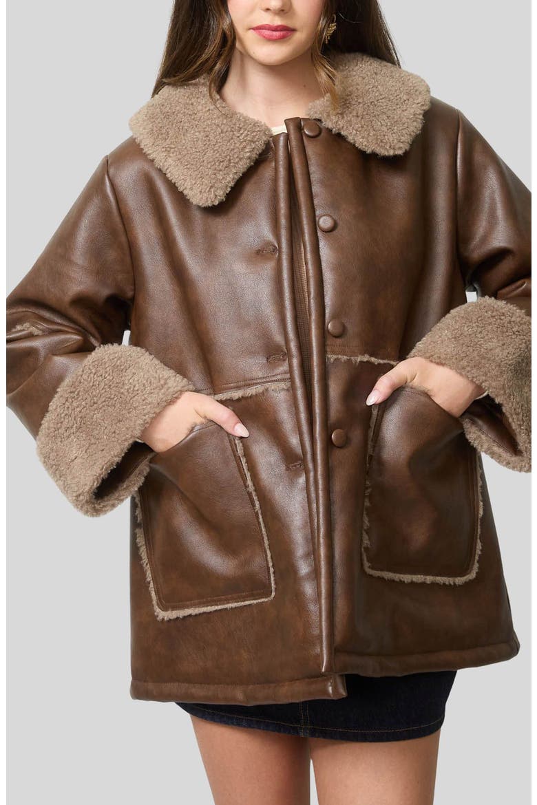 Faux Fur Trim Faux Leather Jacket, Main, color, BROWN
