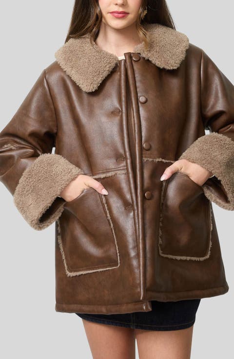 Faux Fur Trim Faux Leather Jacket