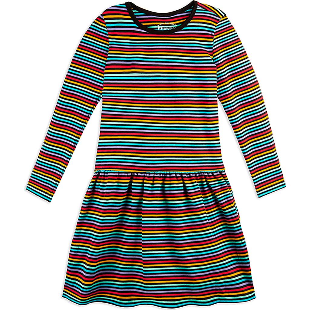 Mightly Organic Cotton Long Sleeve Drop Waist Tier Dress In Jewel Stripe