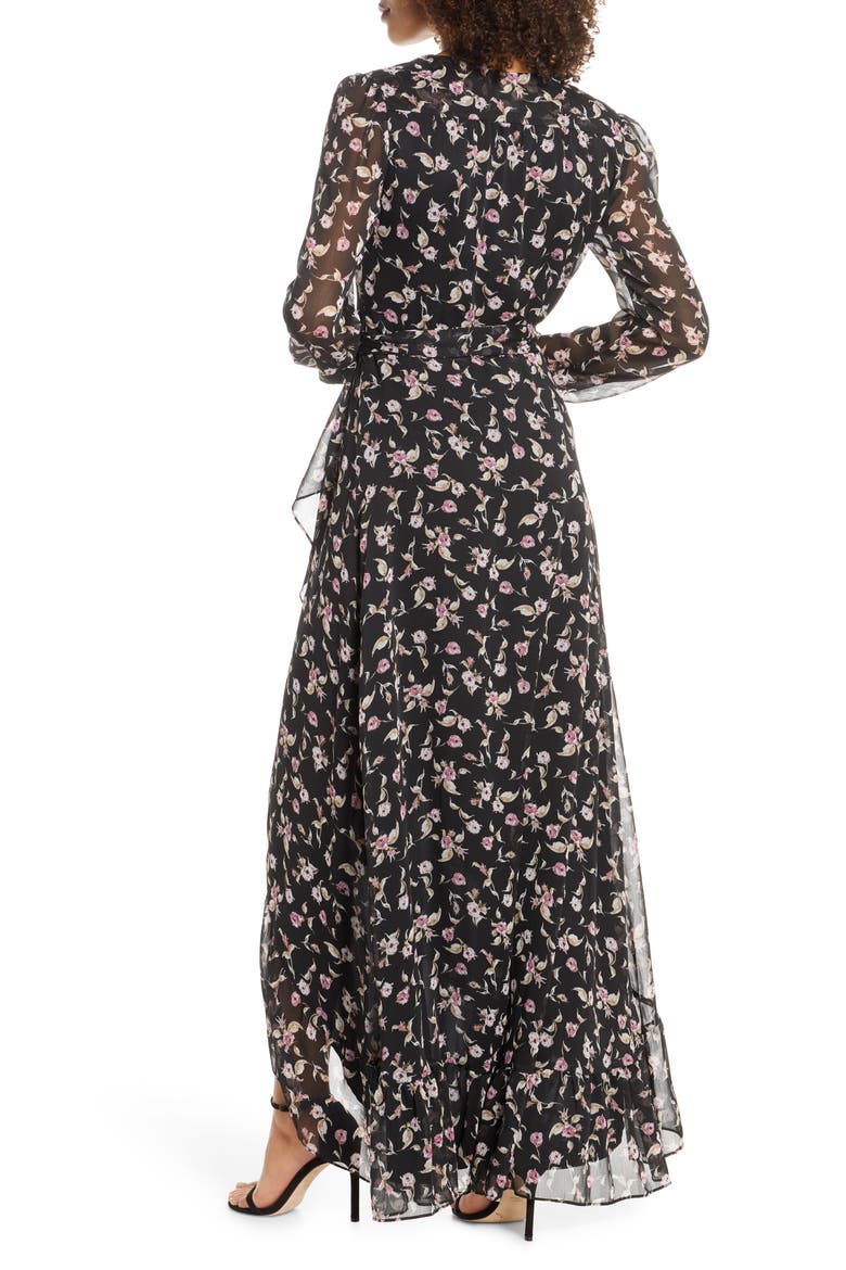 The Meryl Floral Long Sleeve Wrap Gown, Alternate, color, BLACK ALLOVER BLOSSOMS