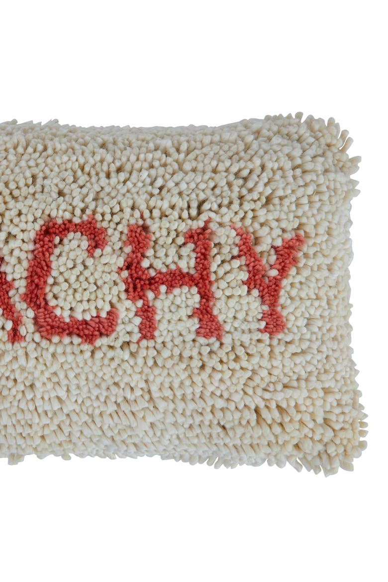 Tufted Wool and Cotton Lumbar Pillow with "Peachy" Message, Cream and Red, Alternate, color, Ivory