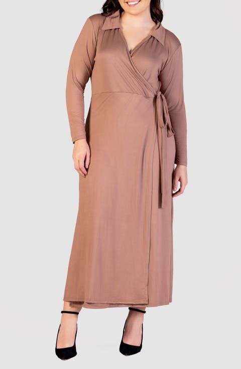 Collared Long Sleeve Wrap Front Maxi Dress (Plus)