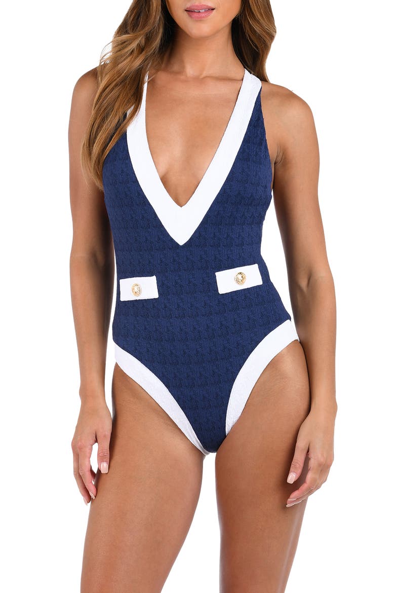 Lisa Colorblock Plunge One-Piece Swimsuit, Main, color, MARINE