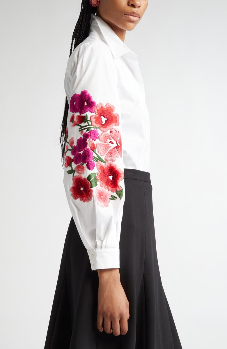 Carolina Herrera Floral Embroidered Stretch Cotton Button-Up Shirt, Alternate, color, 