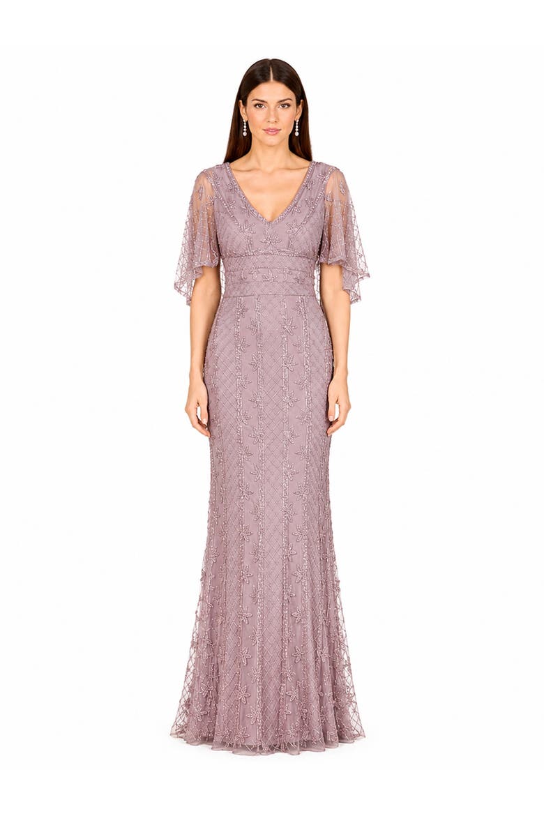 Beaded Faux-Wrap V-Neck Bridal Gown, Main, color, Lilac