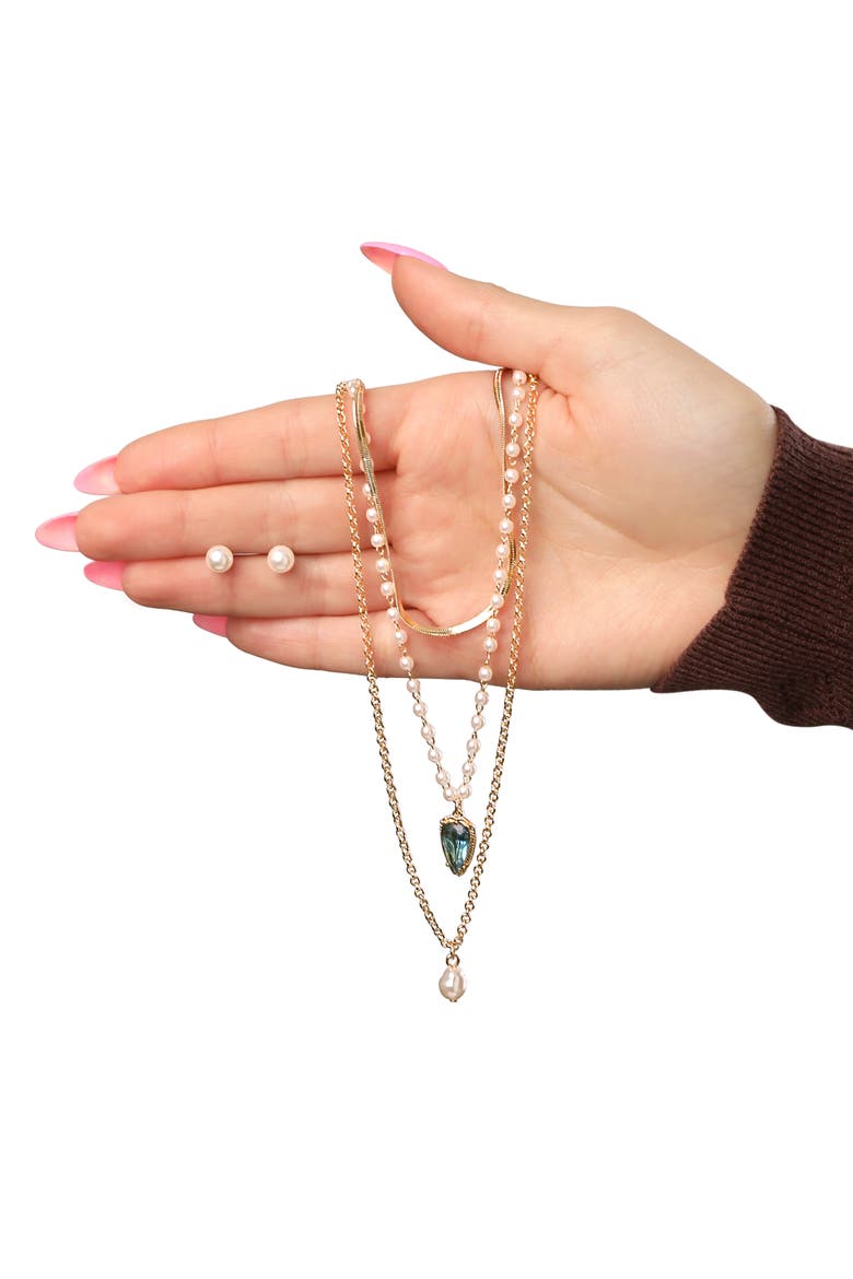 Pearl Earrings and Gold Necklaces Jewelry Set, 4-Piece, Alternate, color, Gold-Tone