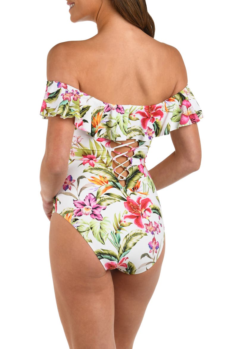 Polynesian Ruffle Off the Shoulder One-Piece Swimsuit, Alternate, color, MULTI