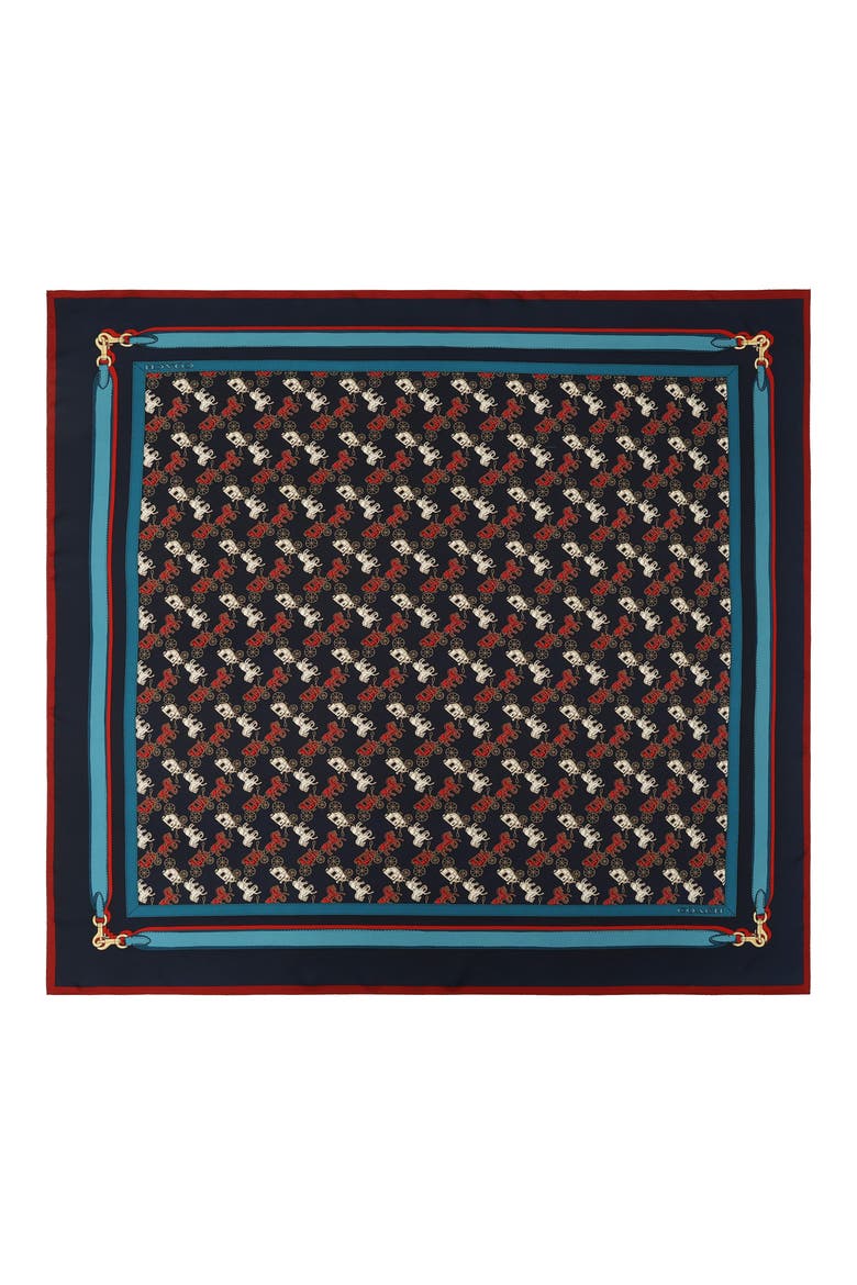 Horse & Carriage Print Silk Square Scarf, Main, color, NAVY