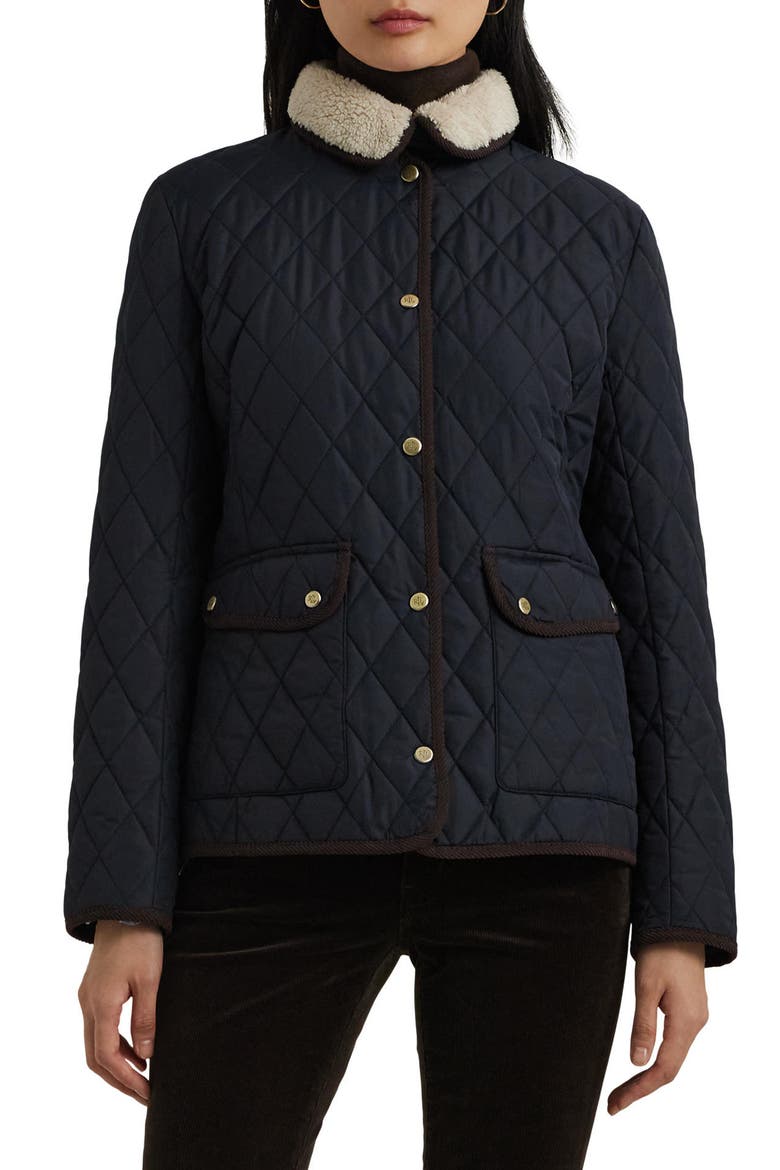 Quilted Faux Shearling Collar Jacket, Main, color, DARK NAVY/ DARK NAVY