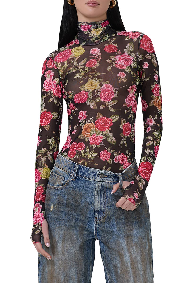 AFRM Zadie Print Turtleneck Mesh Top, Main, color, Wallpaper Rose
