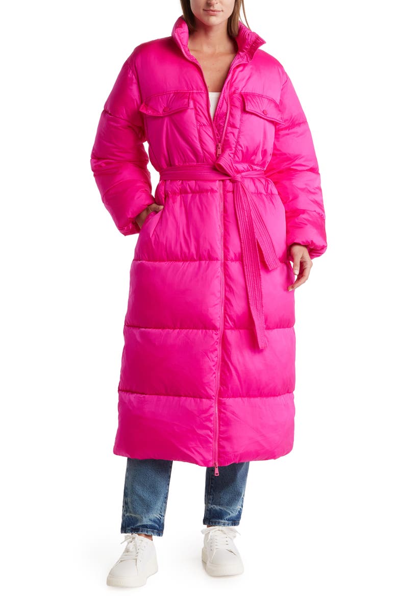 Water-Resistant Longline Belted Puffer Coat, Main, color, FUSCHIA PINK001