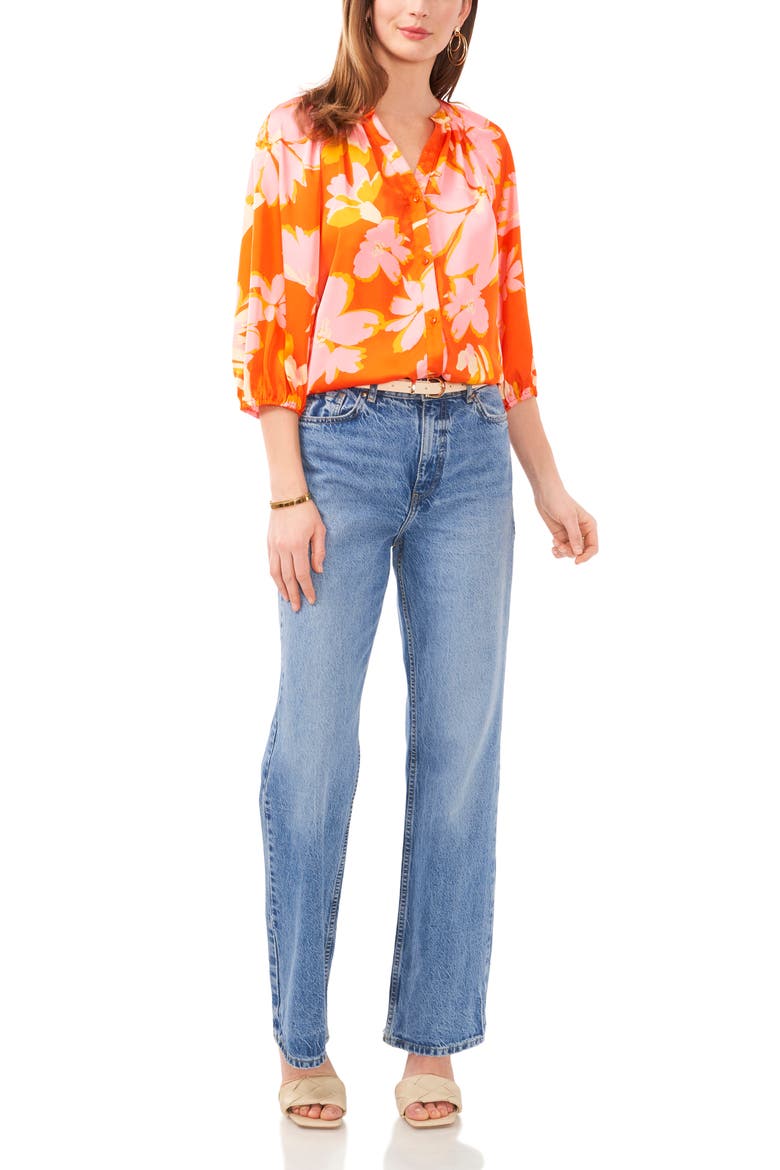 Print Raglan Sleeve Button-Up Top, Alternate, color, ORANGE MULTI
