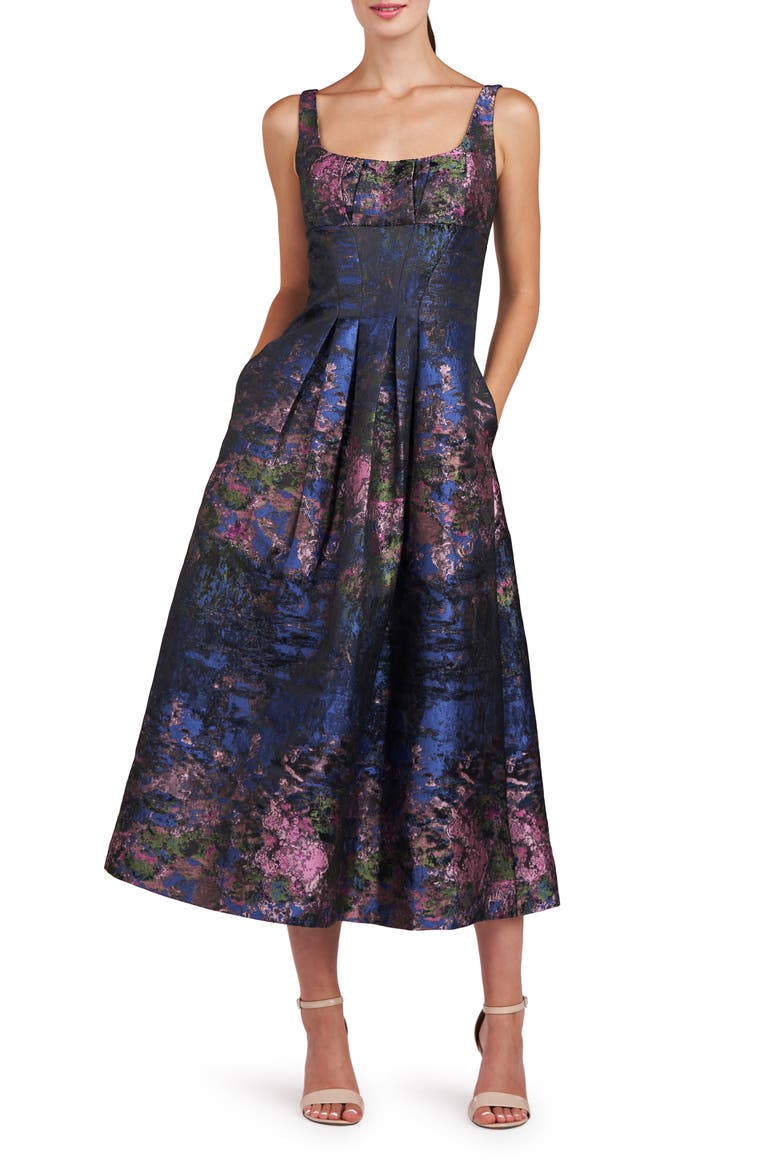 June Floral Jacquard Cocktail Midi Dress, Main, color, DARK NAVY