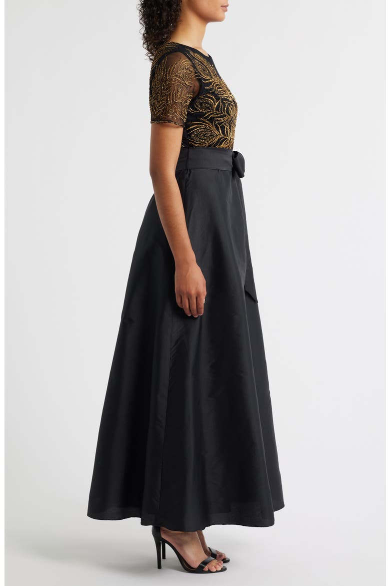 Beaded Embroidered Short Sleeve Taffeta A-Line Gown, Alternate, color, BLACK/ GOLD
