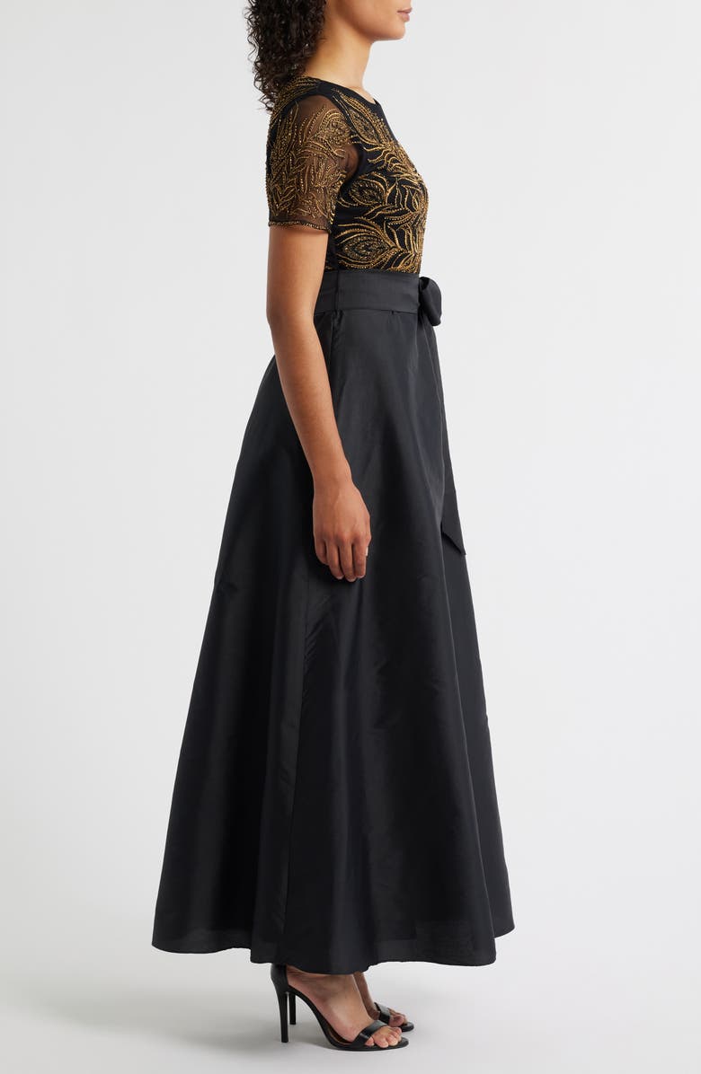 Pisarro Nights Beaded Embroidered Short Sleeve Taffeta A-Line Gown, Alternate, color, Black/ Gold