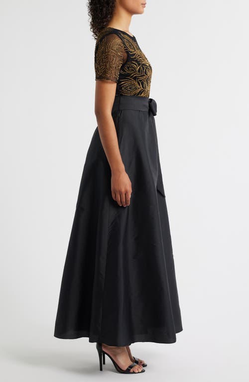 Pisarro Nights Beaded Embroidered Short Sleeve Taffeta A-line Gown In Black
