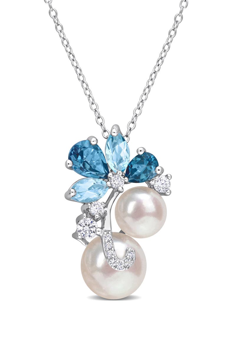 Blue Topaz, Lab-Grown White Sapphire & Cultured Pearl Pendant Necklace, Main, color, BLUE
