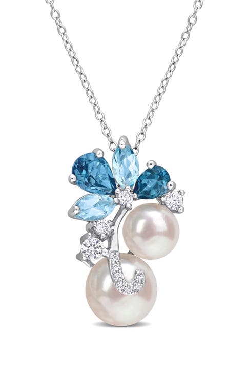Blue Topaz, Lab-Grown White Sapphire & Cultured Pearl Pendant Necklace