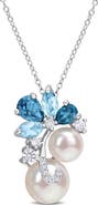 DELMAR Blue Topaz, Lab-Grown White Sapphire & Cultured Pearl Pendant Necklace