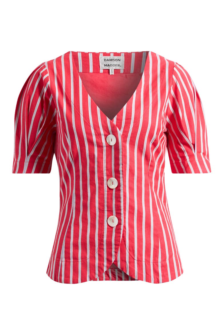 Stripe Organic Cotton & Linen Button-Up Top, Alternate, color, RED