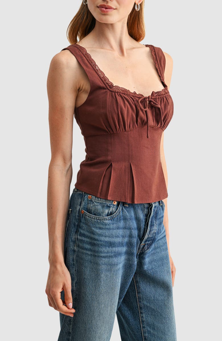 All in Favor Lace Trim Pleated Rayon and Linen Top, Alternate, color, Brown