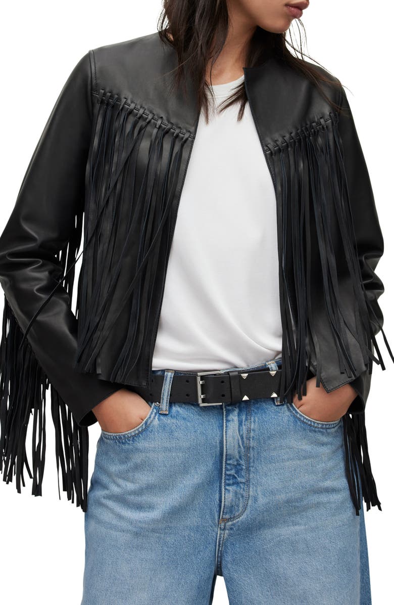 AllSaints Reema Fringe Leather Jacket, Main, color,