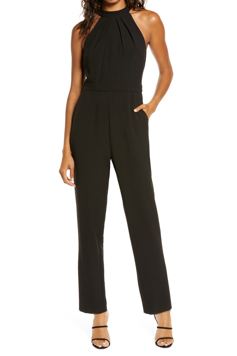 Pleat Mock Neck Jumpsuit, Main, color, BLACK